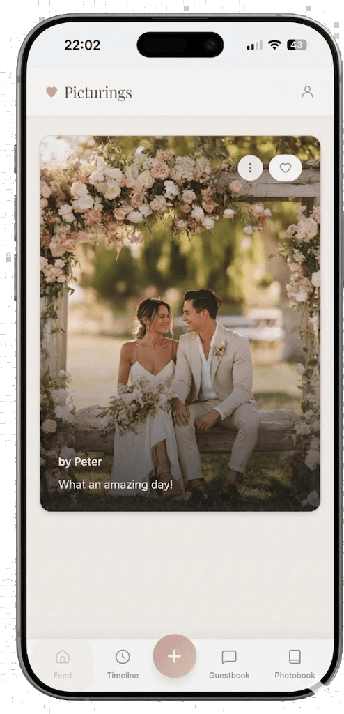 Picturings app feed showing a wedding photo